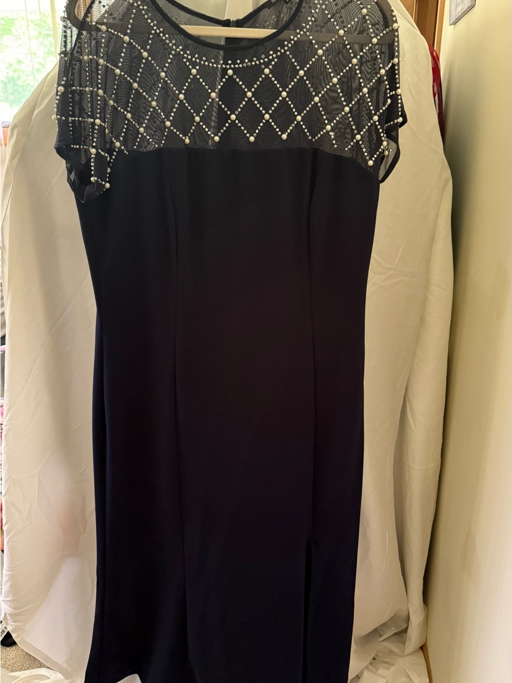 MARINA Black Midi Dress with Beaded Illusion Yoke